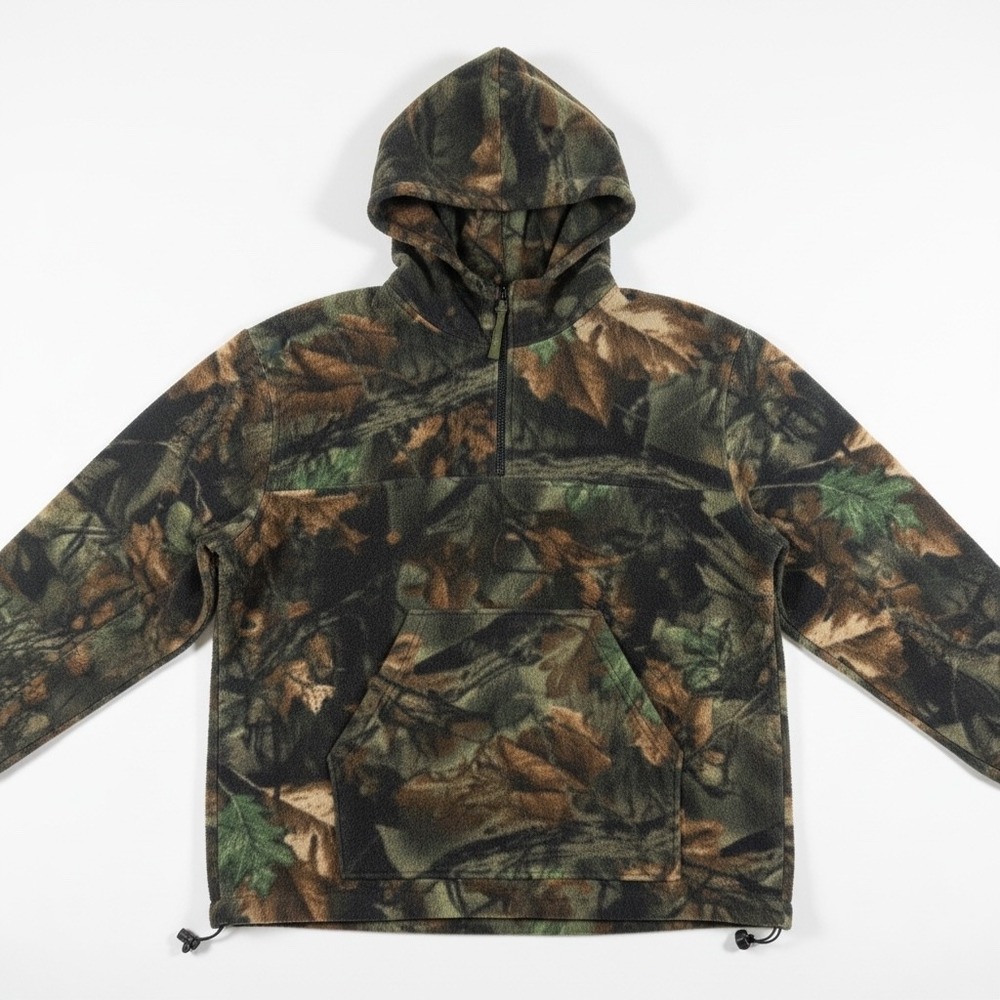 Trail Crest‎ Fleece Hoodie Mens M Camo Green Quarter Zip Leaf Print